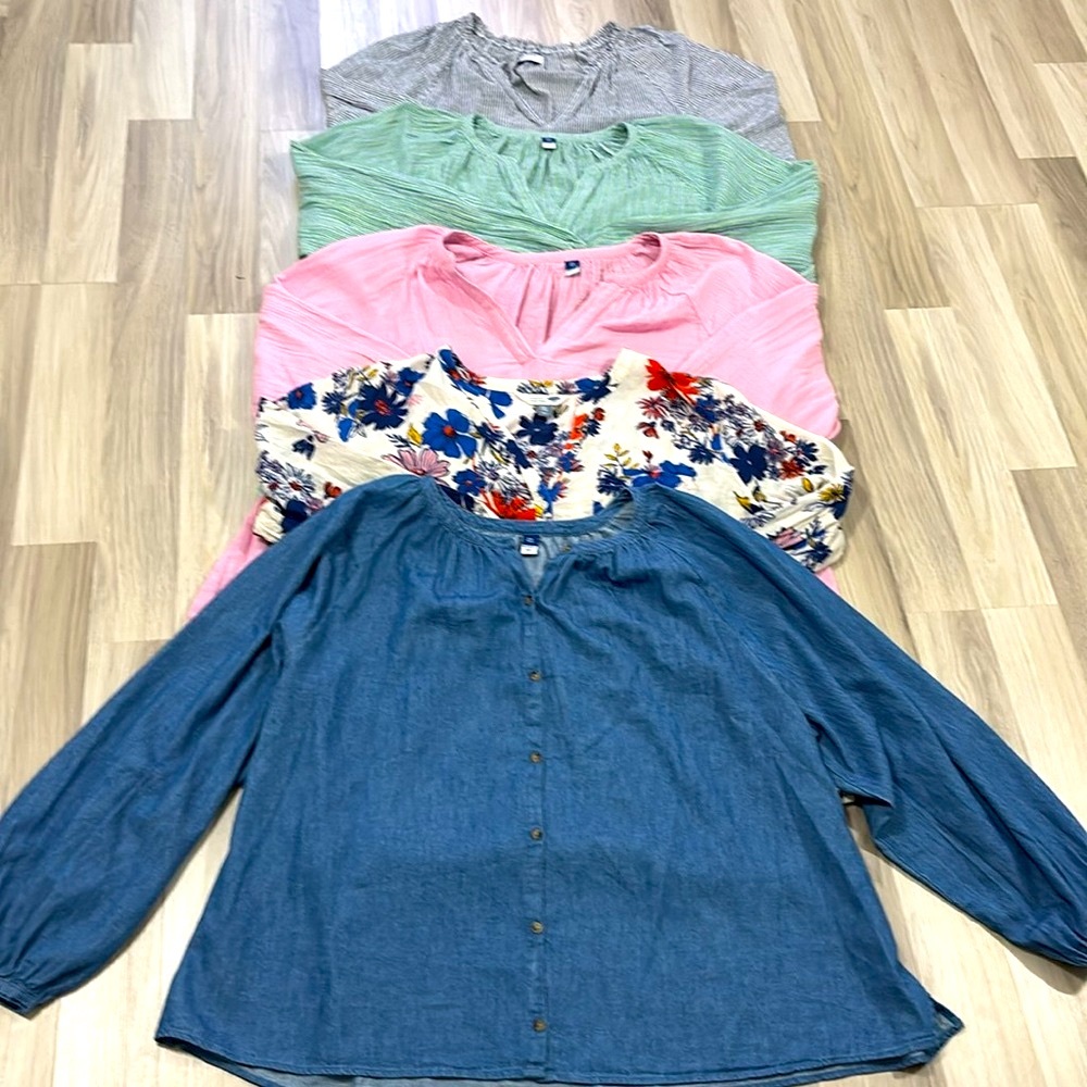 Old Navy Split-Neck Long Sleeve Lot (5) Denim, Floral, Stripe Print Blouse XXL